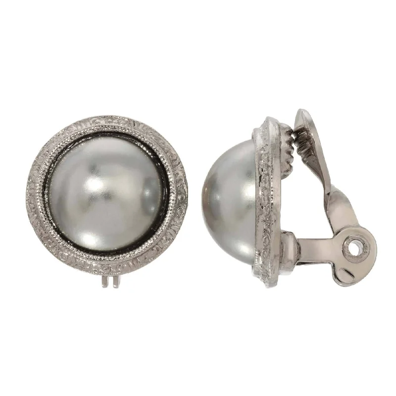 ladies earrings with moonstone -1928 Jewelry Round Gray Faux Pearl Clip On Earrings