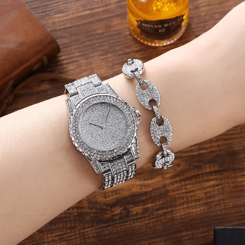 bracelets with purple amethyst -XSVO 3Pcs Full Diamond Steel Band Hip Hop Temperament Quartz Watch Rhinestone Bracelet Necklace Set