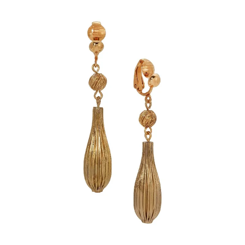 ladies earrings with feather charm -1928 Jewelry Gold Corrugated Textured Dangle clip On Earrings