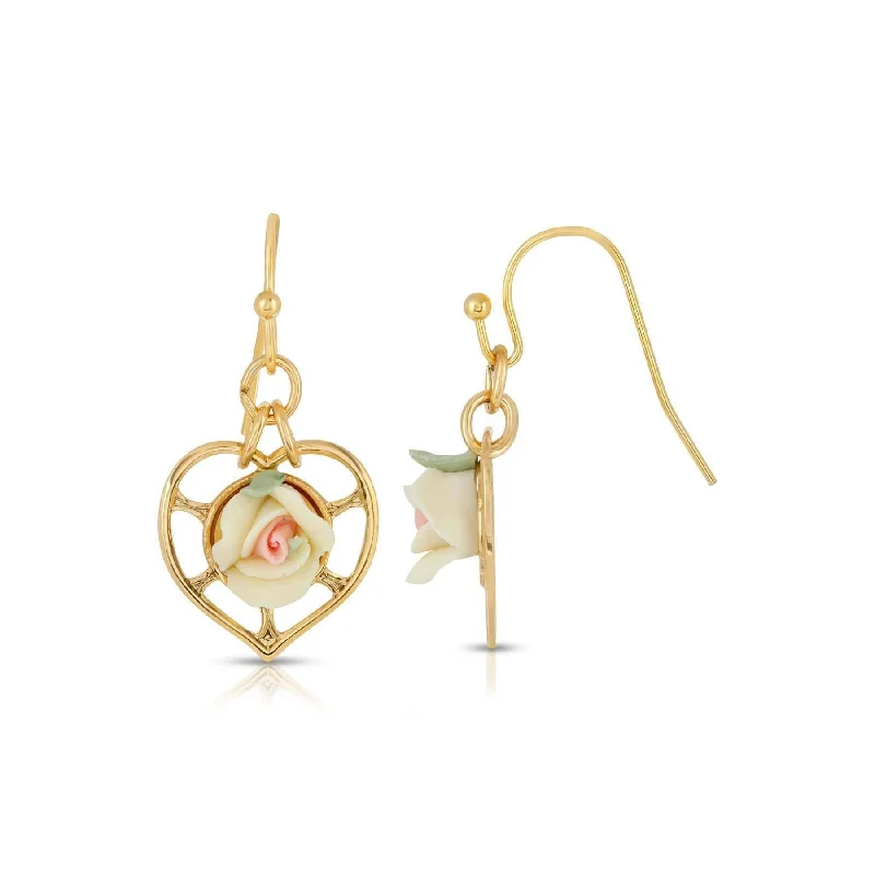 ladies earrings for office style -1928 Jewelry Porcelain Rose Heart Drop Earrings