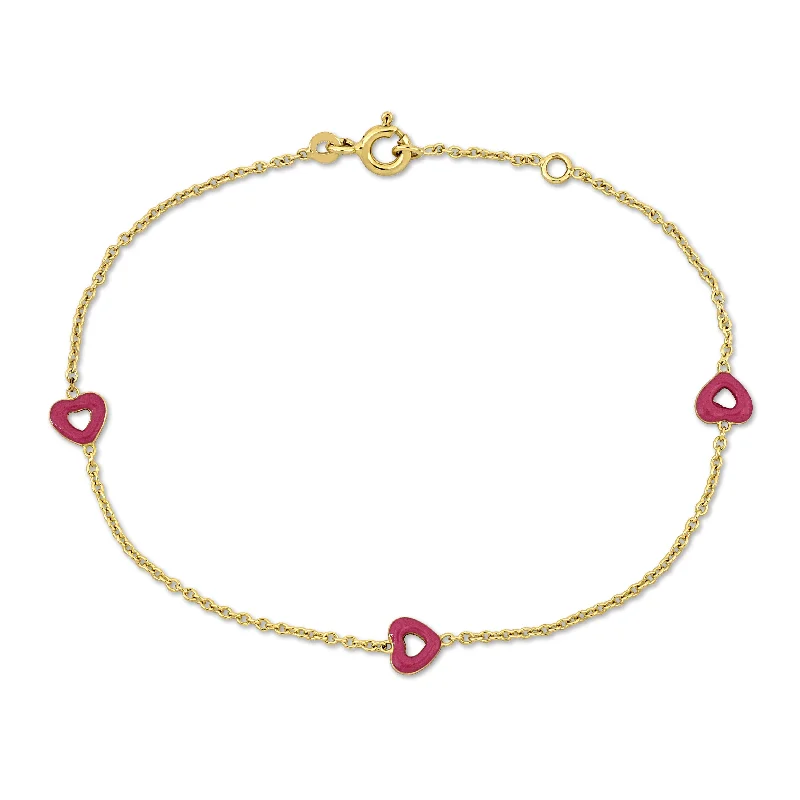 bracelets with floral charm -Mimi & Max Children's Pink Enamel Heart Charm Rolo Link Chain Station Bracelet in 14k Yellow Gold - 6.5+0.5 in.