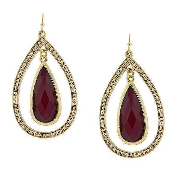 ladies earrings stylish cheap -2028 Jewelry Burgundy Teardrop Stone Open Hoop Earrings