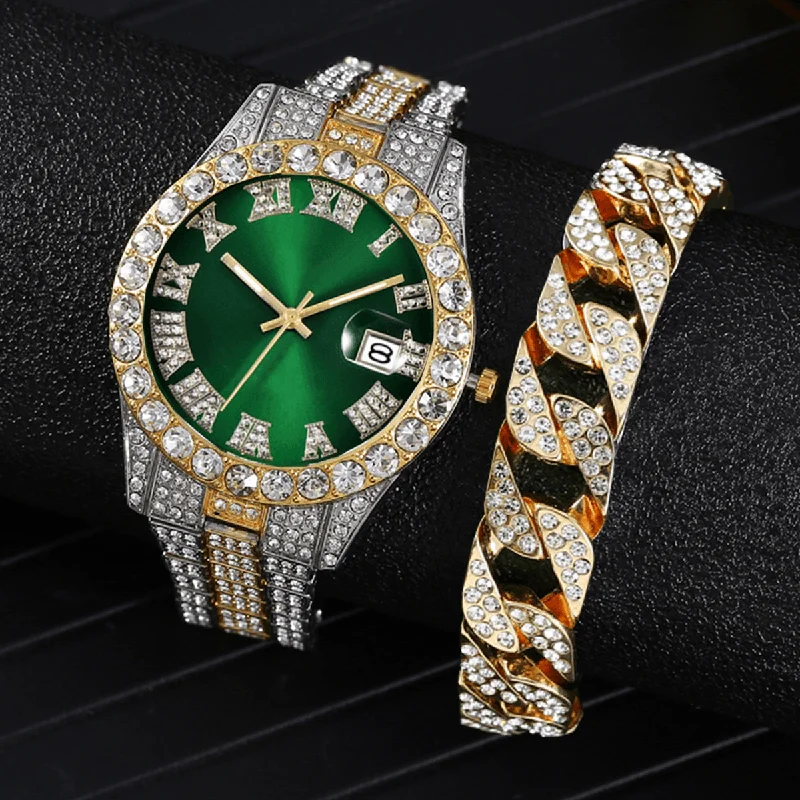 bracelets affordable luxury -Fashion 2 Pcs/Set Alloy Diamond Business Watch Decorated Pointer Quartz Watch Bracelet