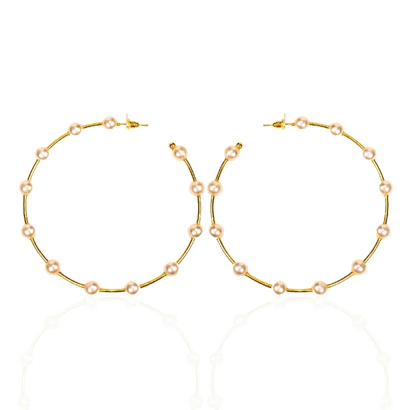 ladies earrings floral motif -Tiffani Oversized Pearl Hoops - Gold