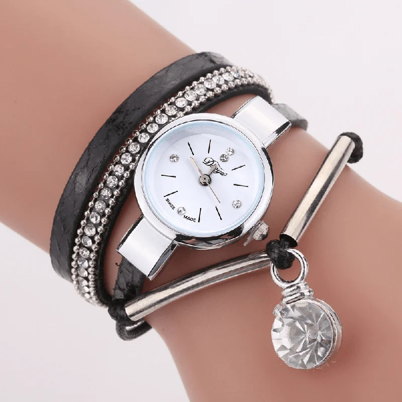 bracelets for beach wear -DUOYA D254 Crystal Pendant Women Bracelet Watch Retro Style Leather Strap Quartz Watch