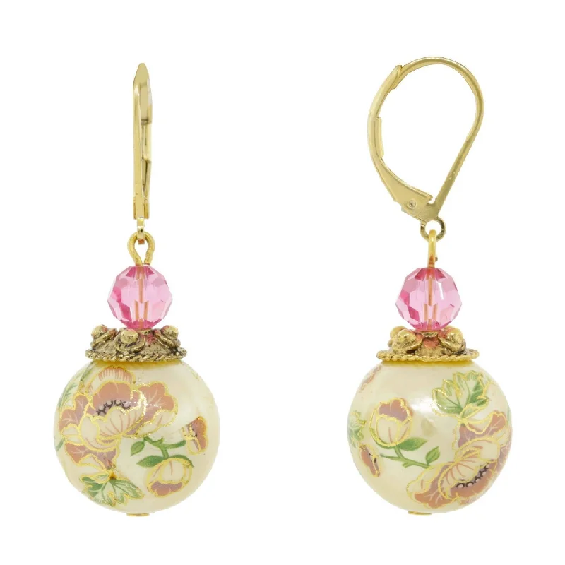 ladies earrings for daily wear -1928 Jewelry Flower Decal Faux Pearl With Pink Crystal Drop Earrings