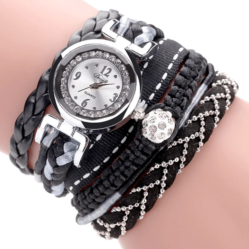 bracelets with blue sapphire -DUOYA DY080 Fashionable Fine Leather Band Winding Ladies Bracelet Watch Braided Quartz Watches