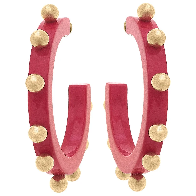 ladies earrings with pink tourmaline -Studded Hoop Earrings - Fuchsia