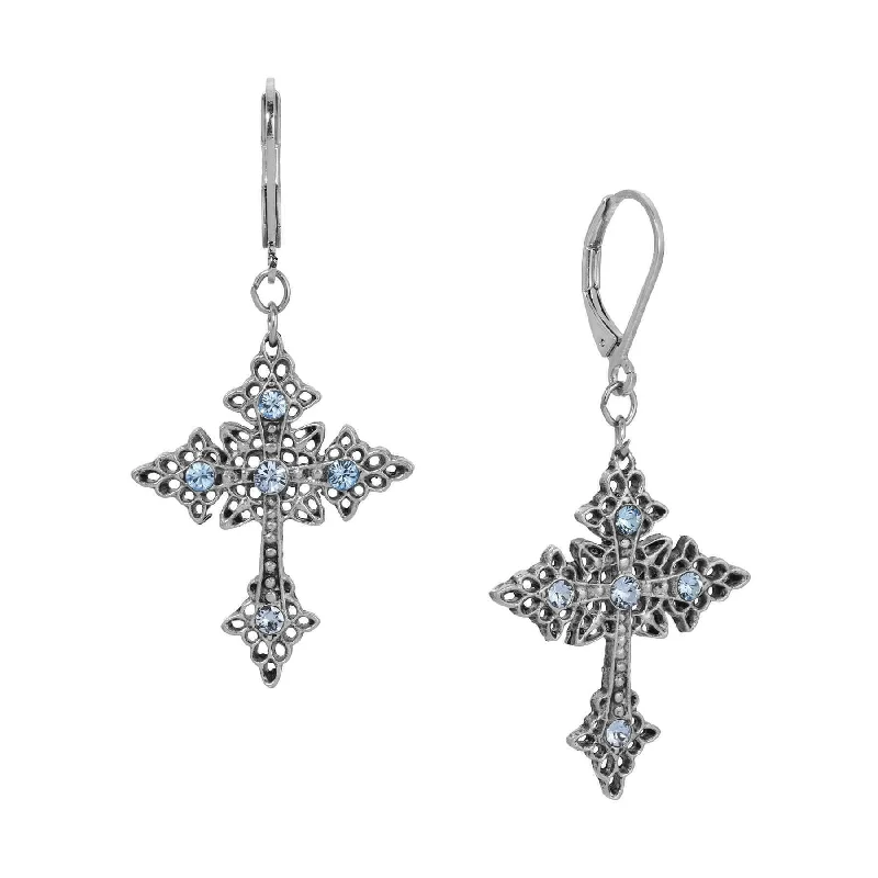 ladies earrings two tone finish -Symbols Of Faith Croce Elegante Light Sapphire Crystal Drop Earrings