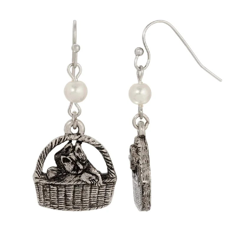 ladies earrings for trendy women -1928 Jewelry Faux Pearl Cat In Handbasket Dangling Earrings