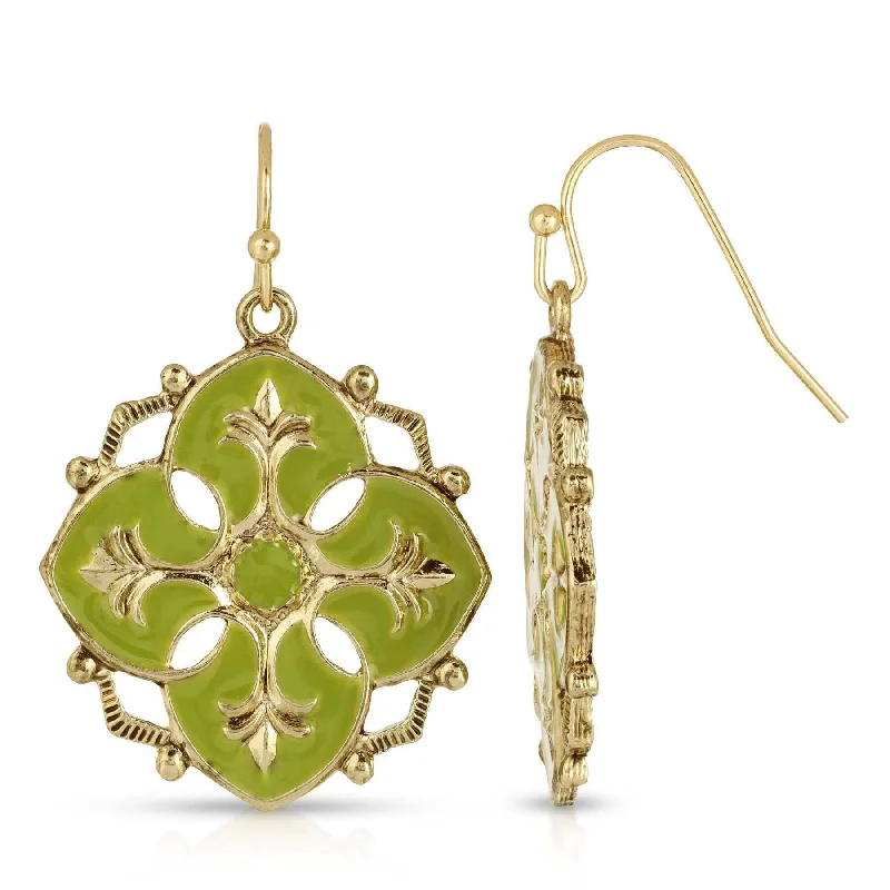 ladies earrings with black diamond -1928 Jewelry Domenica Olivine Green Hand Enameled Drop Earrings