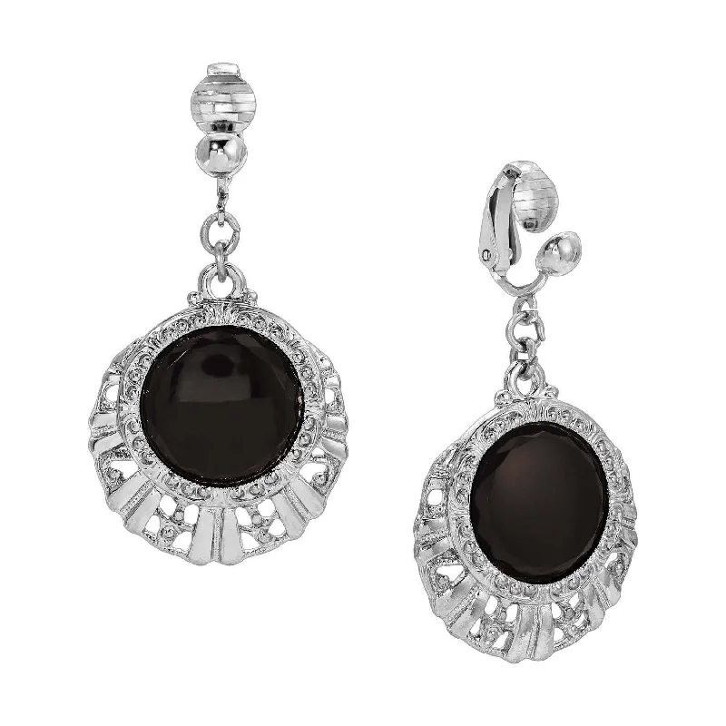 ladies earrings chic modern -1928 Jewelry Black Round Stone Textured Clip On Earrings