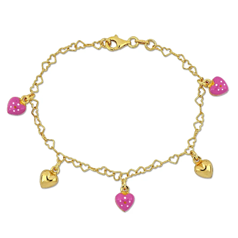 bracelets with pink tourmaline -Mimi & Max Children's 3.3mm Pink Enamel Heart Charm Link Bracelet in Yellow Plated Sterling Silver - 7 in.