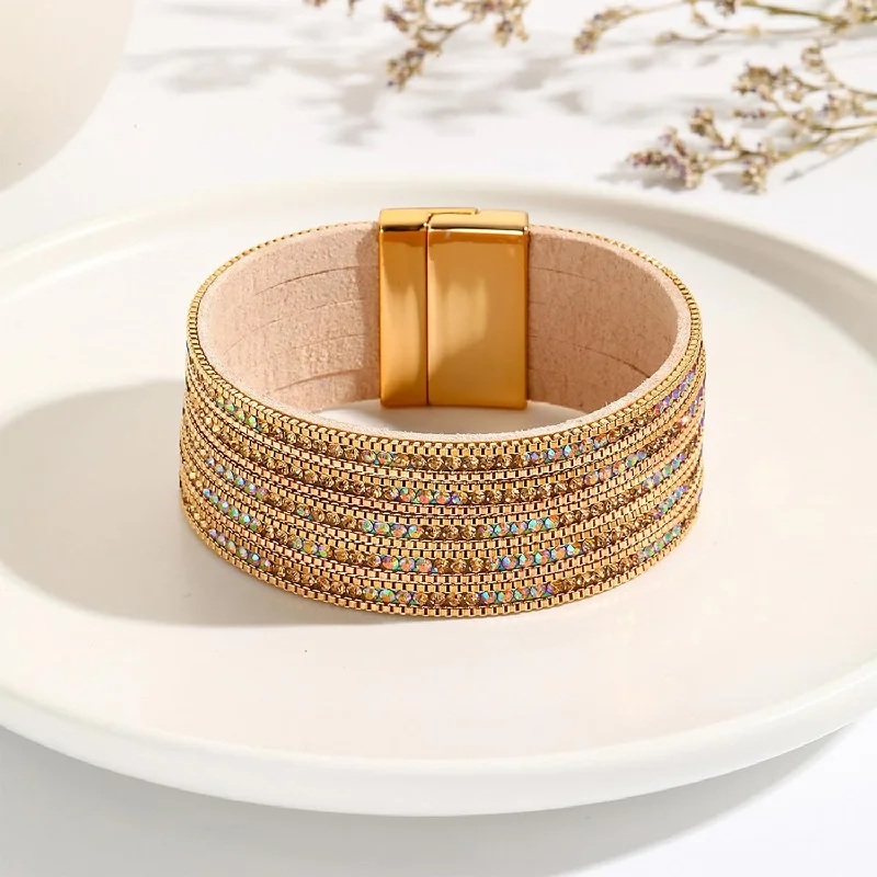 bracelets with birthstone accent -Gold Full Diamond Leather Wide Magnetic Buckle Bracelet