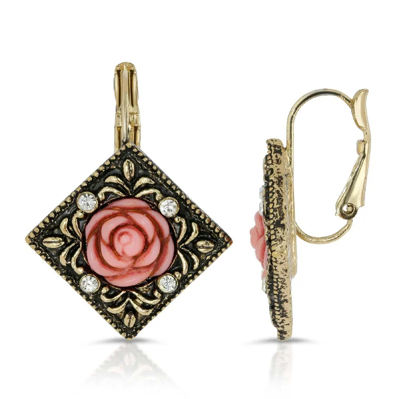 ladies earrings with ruby red -1928 Jewelry Pink Carved Rose With Crystal Accents Diamond-Shape Drop Earrings