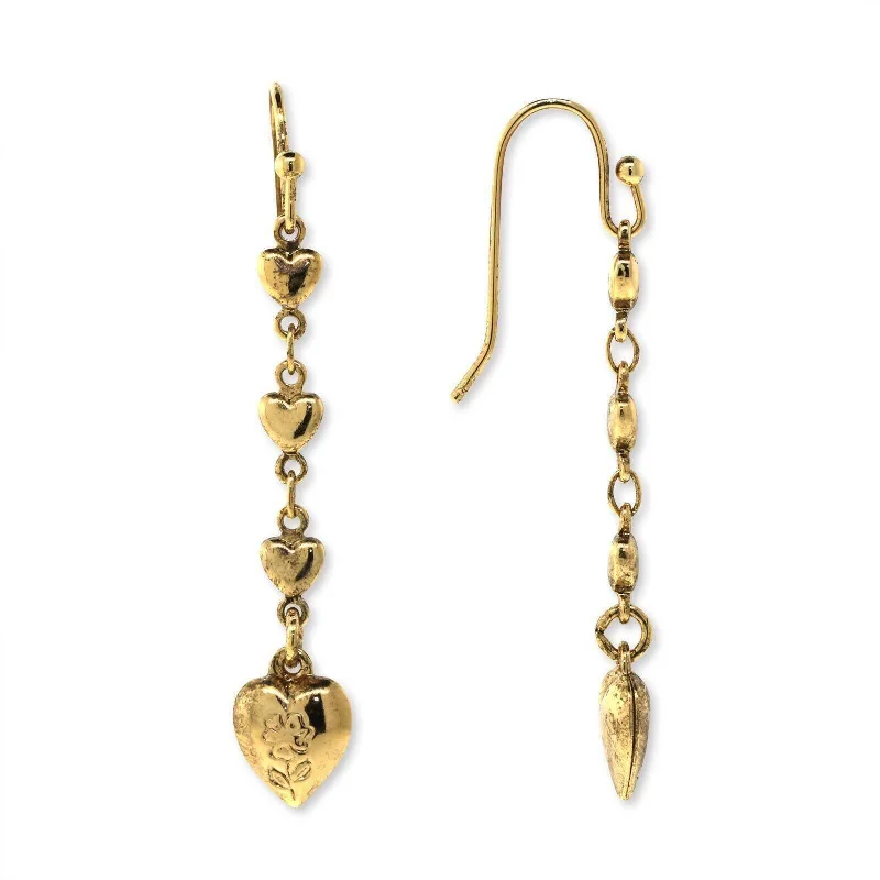 ladies earrings simple minimalist -1928 Jewelry Gold Linear Linked Hearts & Etch Flower Drop Earrings