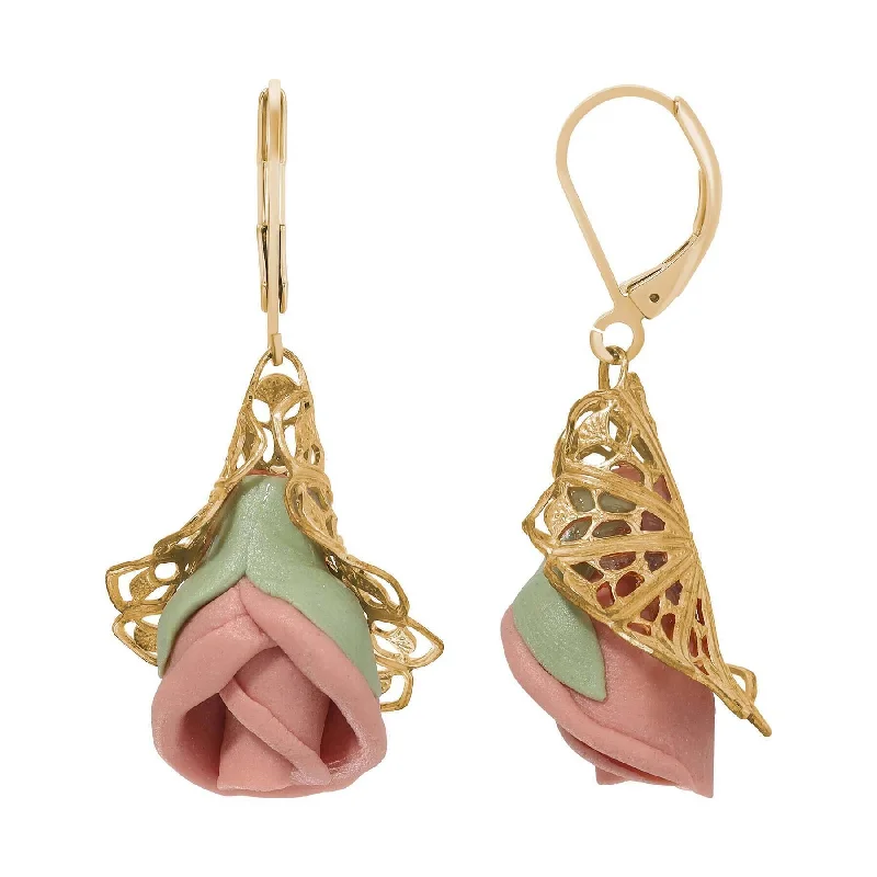 ladies earrings rose gold finish -1928 Jewelry Hanging Porcelain Rose Filigree Drop Earrings