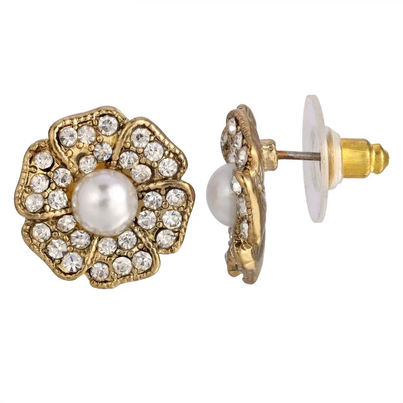 ladies earrings heart shaped -1928 Jewelry Clear Crystal And Faux Pearl Flower Button Earrings