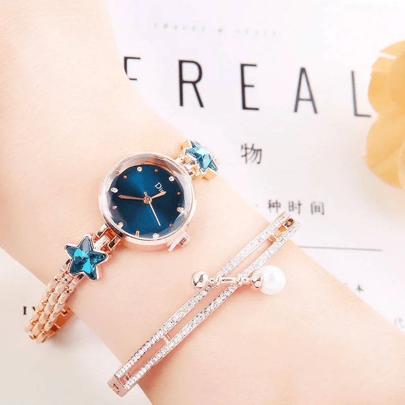 bracelets for trendy women -Fashion Luxury Elegant Crystal Lucky Star Pattern Ladies Bracelet Wristwatches Quartz Watch