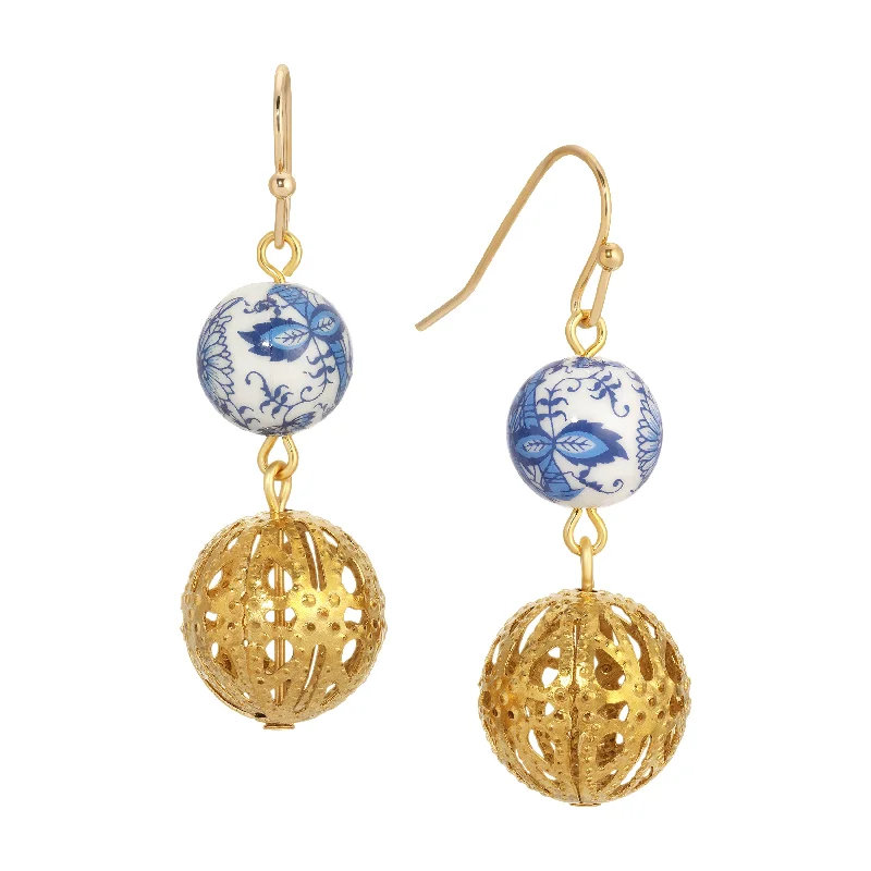 ladies earrings with green peridot -1928 Jewelry Blue Willow Round Gold Filigree Dangling Earrings