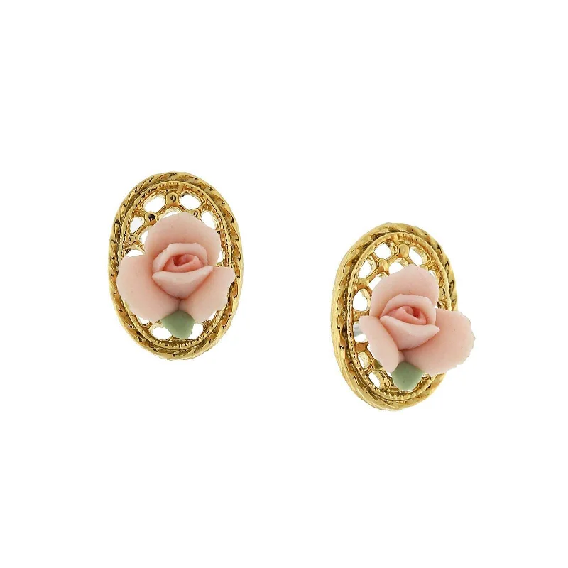 ladies earrings gold hoop style -1928 Jewelry Porcelain Rose Filigree Oval Button Earrings