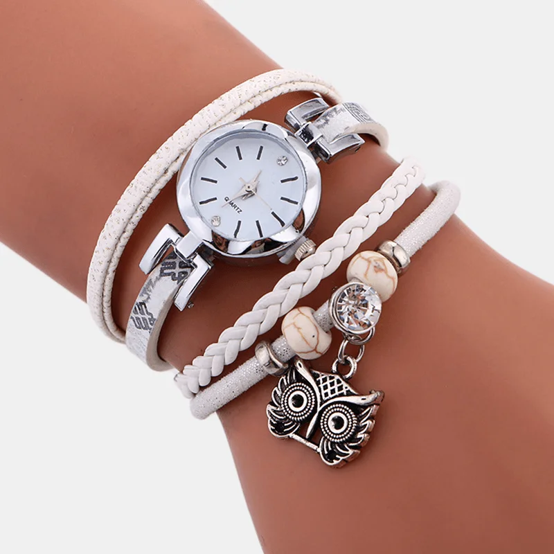 bracelets with feather detail -Bohemian Cute Owl Leather Bracelet Watch Ethnic Metal Rhinestone Multi-Layer Wrist Watches