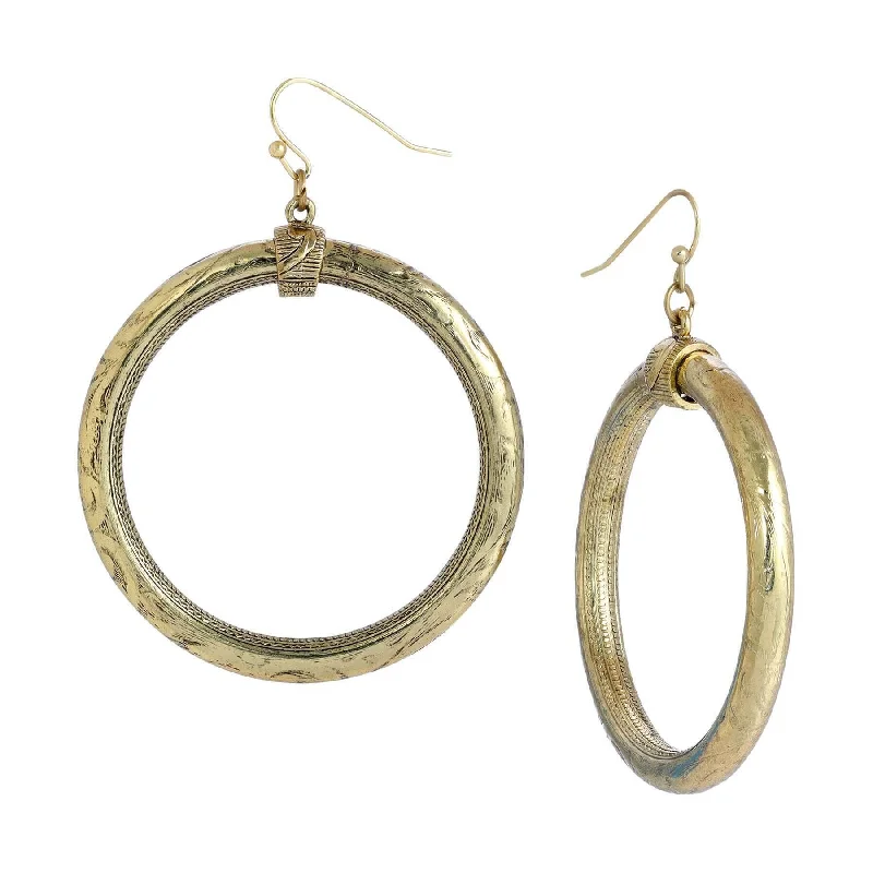 ladies earrings hypoallergenic material -1928 Jewelry Etched Vine Motifs Large Gold Hoop Earrings