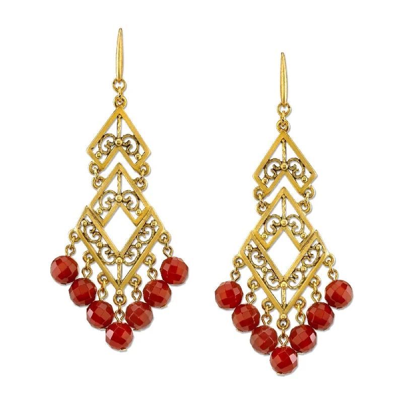 ladies earrings with gold plating -T.R.U. Antiqued Carnelian Gemstone Chevron Chandelier Earrings