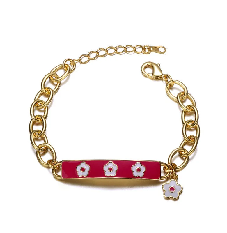 bracelets affordable luxury -Kids 14k Gold Plated Hot Pink Flower Charm Bar Bracelet