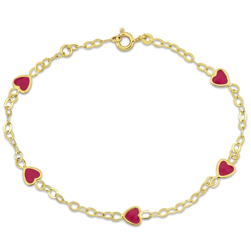 bracelets lightweight comfort -Mimi & Max Children's Pink Enamel Heart Charm Link Chain Station Bracelet in 14k Yellow Gold - 7 in.