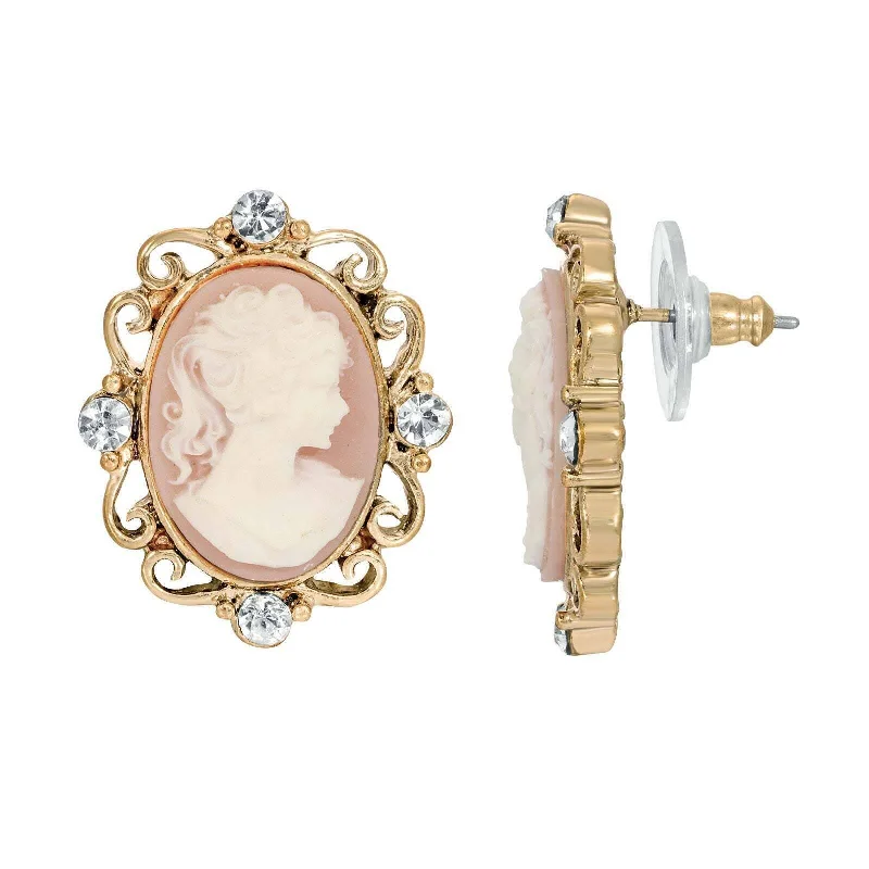 ladies earrings for trendy women -1928 Jewelry Oval Angel Pink Cameo Crystal Button Earrings