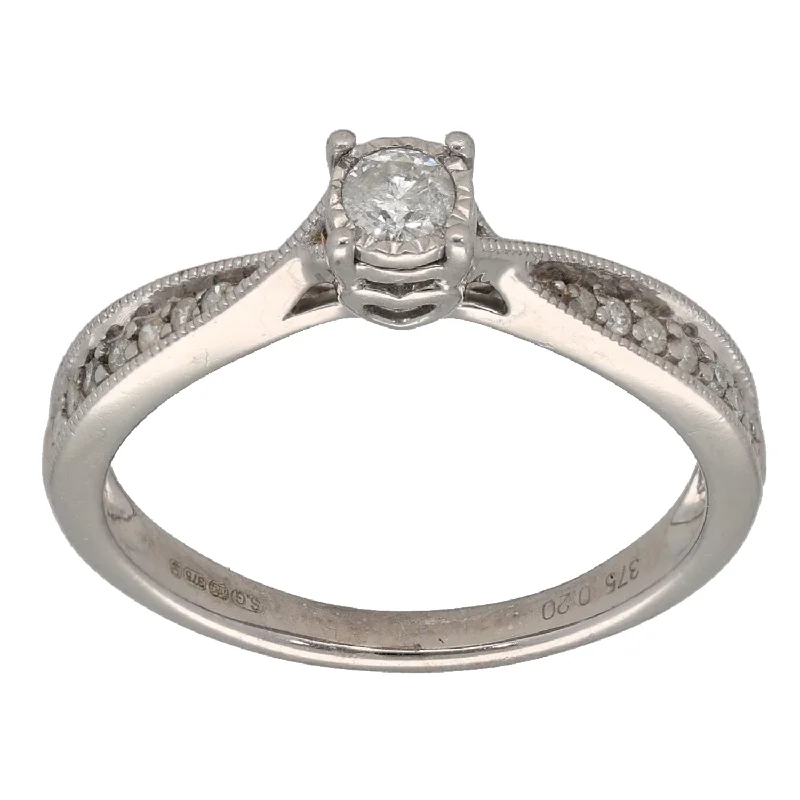 ladies engagement rings princess cut diamond -9ct White Gold 0.20ct Diamond Solitaire Ring With Accent Stones Size L