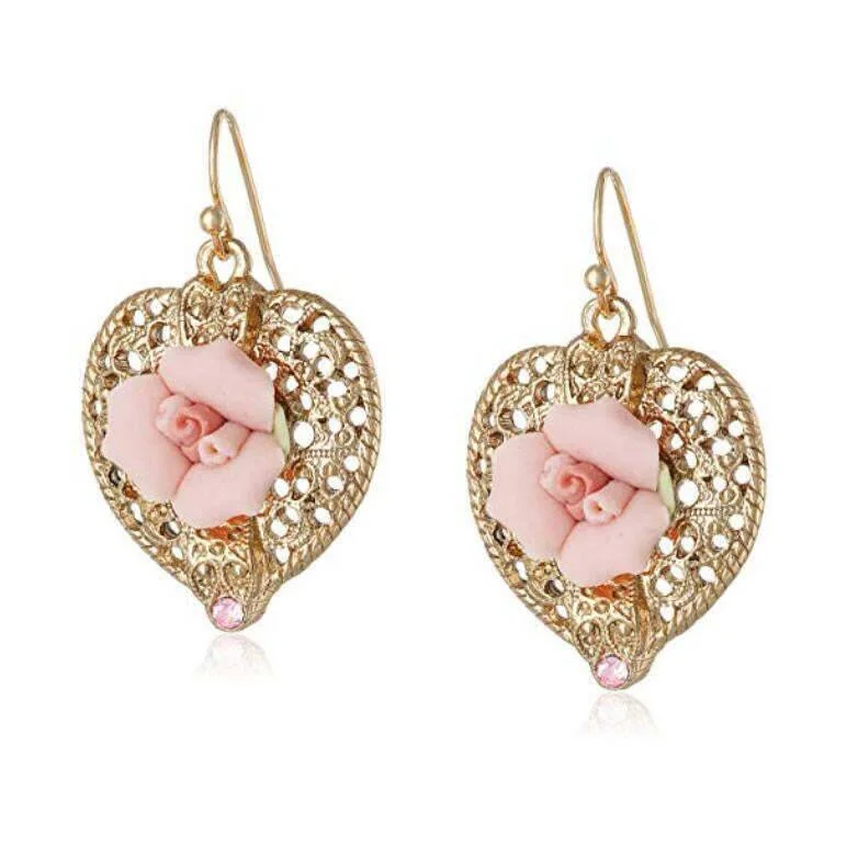 ladies earrings silver drop design -1928 Bridal Pink Crystal And Porcelain Rose Filigree Heart Earrings