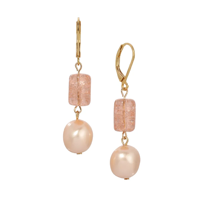 ladies earrings for vintage fans -1928 Jewelry Peach Cracked Glass & Faux Pearl Dangling Earrings