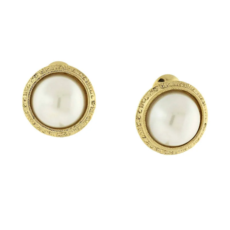 ladies earrings white gold shine -1928 Jewelry Round Etched Button Clip On Earrings