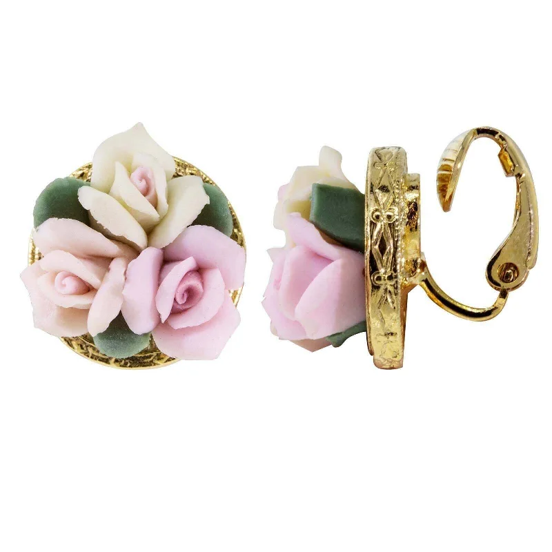 ladies earrings for mother gift -1928 Jewelry 3 Flower Pink & White Porcelain Flower Round Button Clip On Earrings