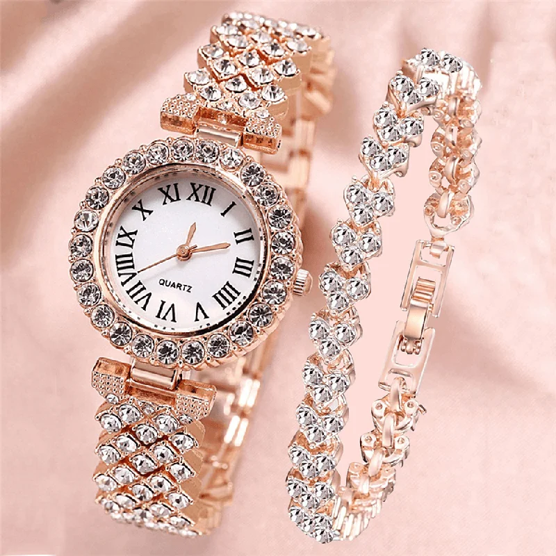 bracelets for vintage lovers -XSVO Watch Set Luxury Elegant Style Women Quartz Watch Diamond-Studded Bracelet for Mothers Girlfriend Ladies