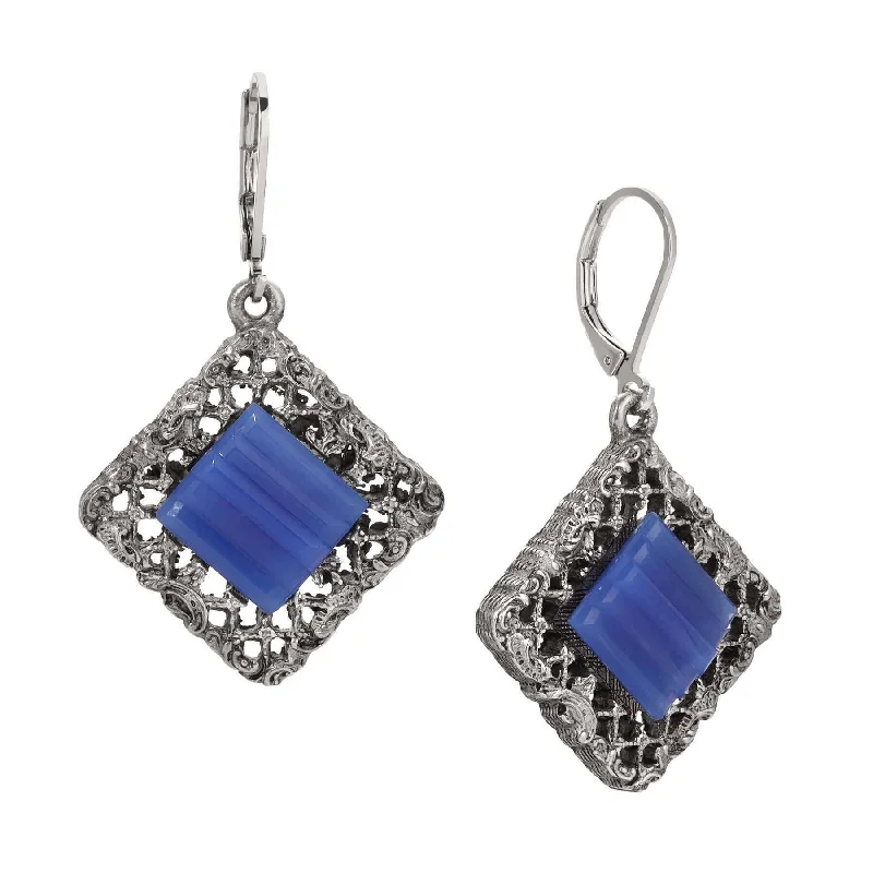 ladies earrings with blue topaz -1928 Jewelry Belladonna Textured Ridged Glass Stone Filigree Drop Earrings