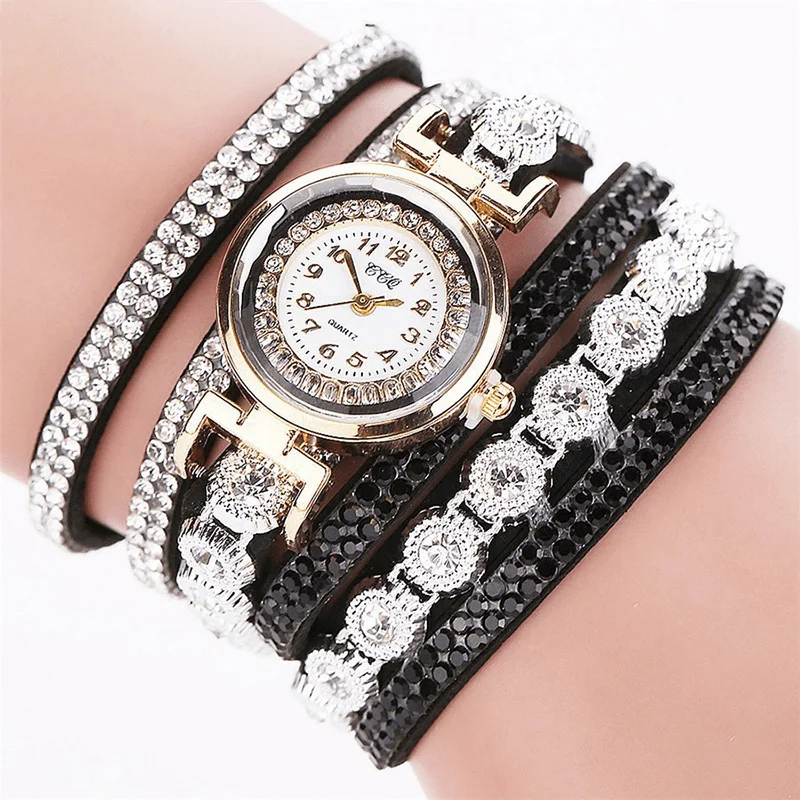 bracelets romantic style -CCQ Fashion Luxury Rhinestone PU Leather Band Women Quartz Bracelet Watch