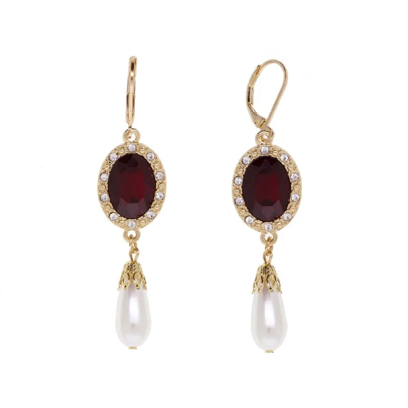 ladies earrings stylish cheap -1928 Jewelry Siam Red & Clear Crystals Faux Pearl Dangling Earrings