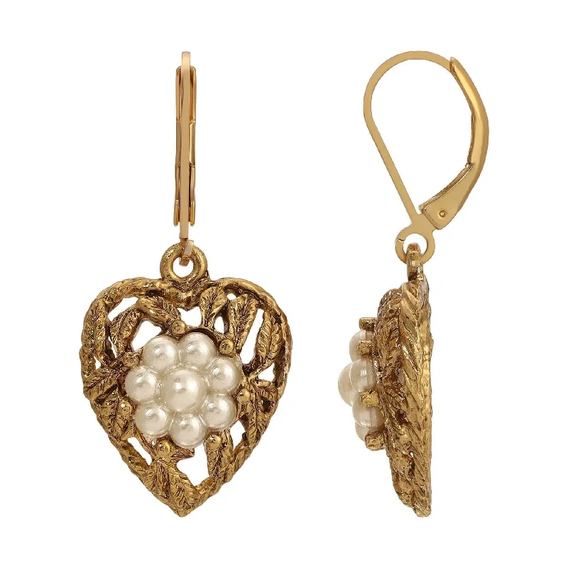 ladies earrings with pink tourmaline -1928 Jewelry Faux Pearl Flower & Leaf Heart Drop Earrings