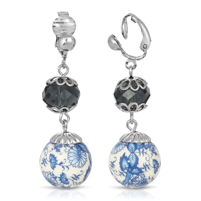 ladies earrings classic elegance -1928 Jewelry Blue Willow Dark Blue And Beaded Drop Clip On Earrings