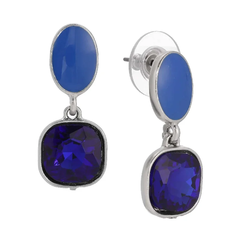 ladies earrings for special events -2028 Jewelry Mid Century Inspired Oval And Square Blue Sapphire Dangling Earrings