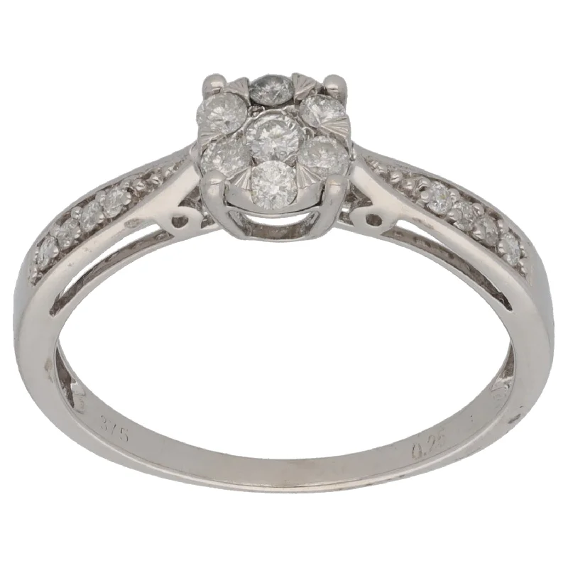 ladies engagement rings with crystal accents -9ct White Gold 0.18ct Diamond Cluster Ring Size O