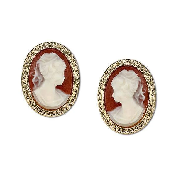 ladies earrings lightweight comfort -1928 Jewelry Dark Carnelian Red Victorian Style Cameo Stud Earrings