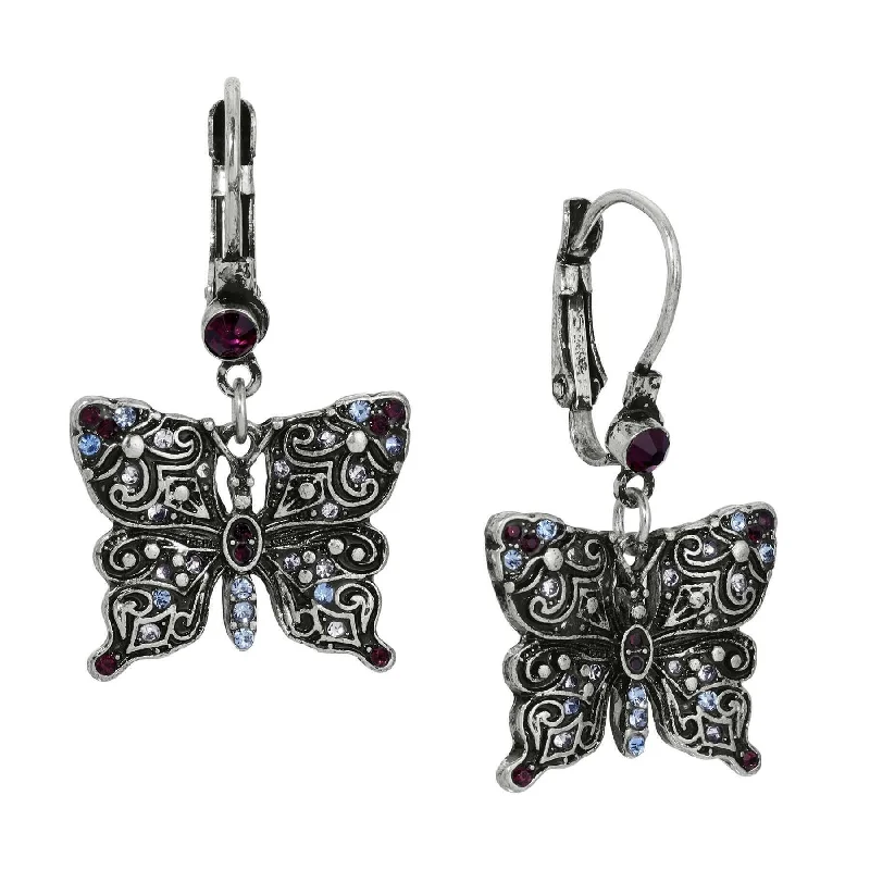 ladies earrings with moonstone -Regency Antiqued Butterfly Multi Color Crystals Drop Earrings