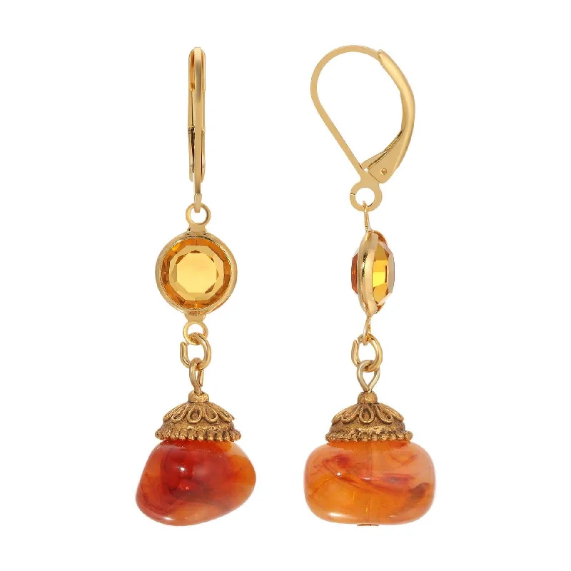 ladies earrings vintage inspired -1928 Jewelry Marble Effect Carnelian Beads & Topaz Channel Crystals Dangling Earrings