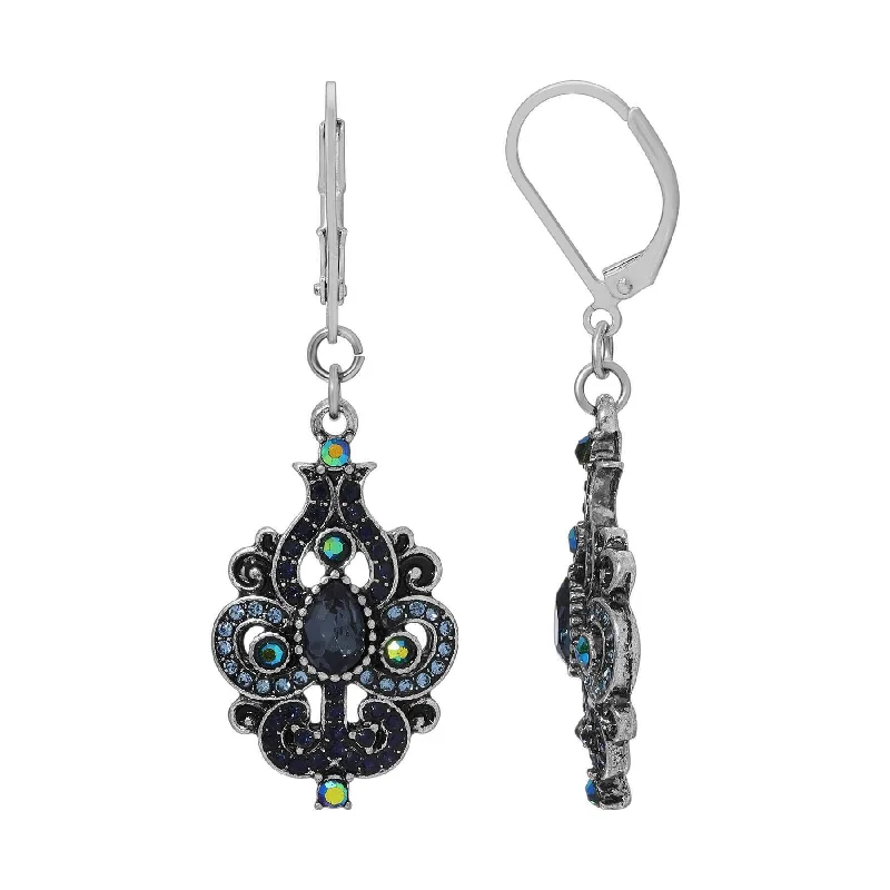 ladies earrings silver drop design -Regency Giovane Iridescent AB Crystal & Blue Stone Spade Drop Earrings