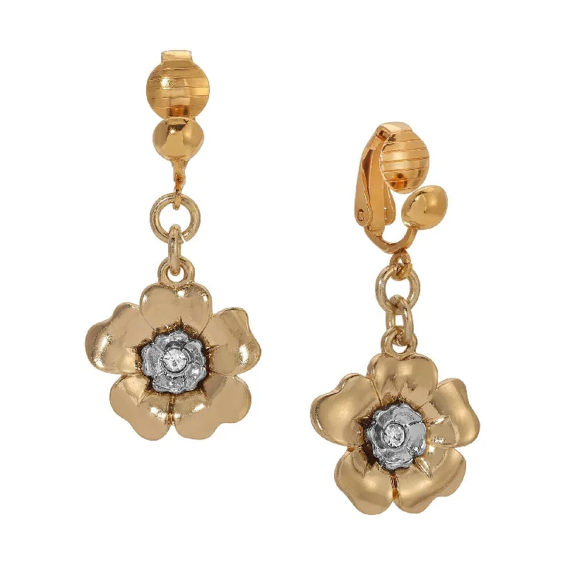 ladies earrings bold statement -1928 Jewelry Two Tone Crystal Flower Clip Earrings