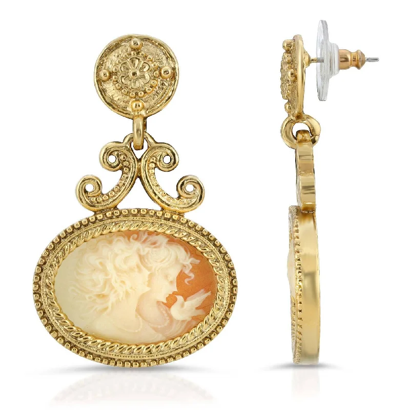 ladies earrings with pearl drops -Antiquities Couture Carnelian Color Cameo Twin Muse And Bird Drop Earrings